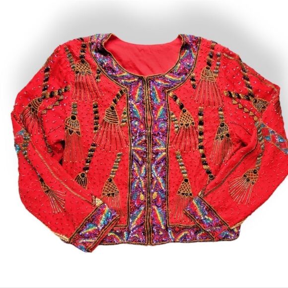 Vintage red beaded jacket - Picture 3 of 16